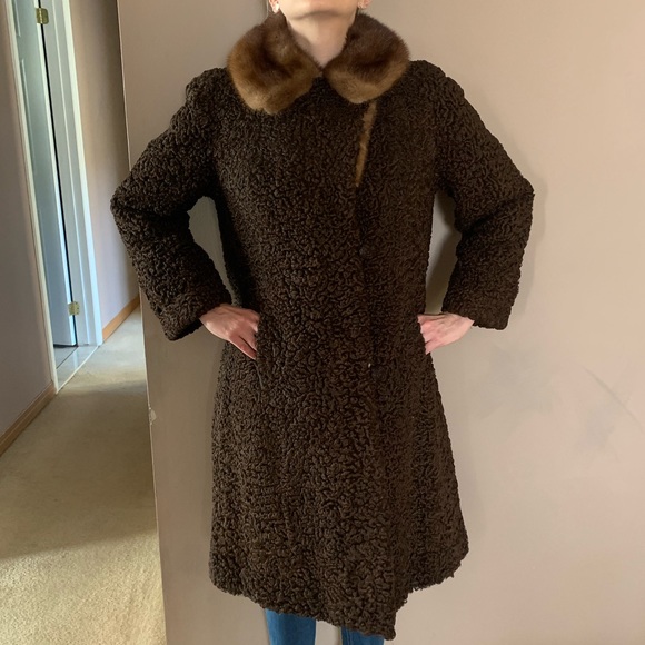 Vintage KARAKUL & Mink Collar Chocolate Brown Andrea Toronto Fur Coat - Picture 2 of 12